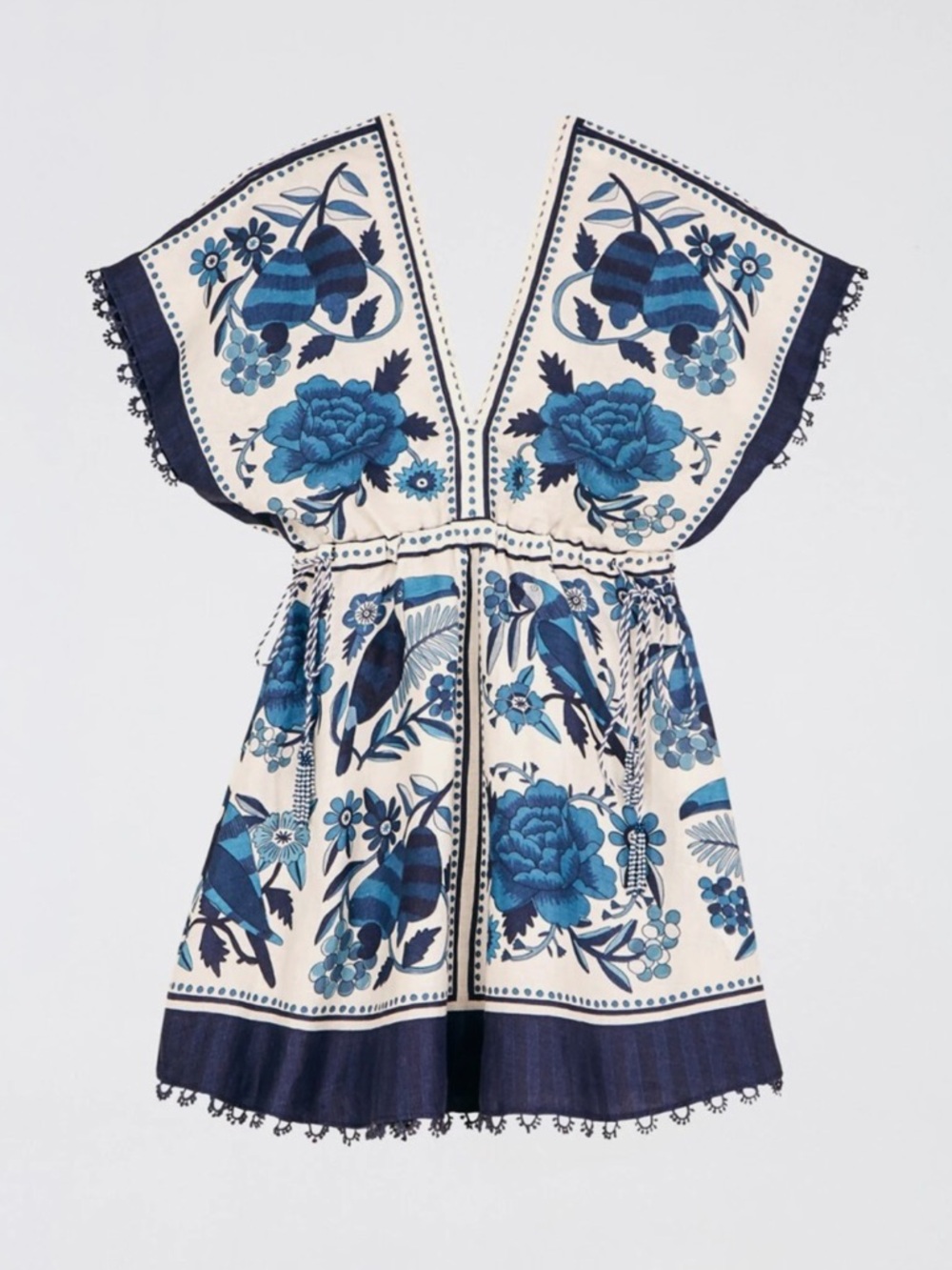 FARM Rio Women's V Neck Blue Tropical Tiles Mini Dress - Picture 2 of 5